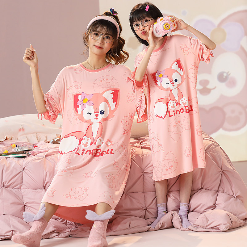 女童短袖睡裙夏天薄款睡衣玲娜贝儿亲子裙子母女超萌莫代尔家居服