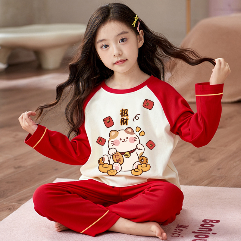 红色儿童睡衣纯棉长袖春秋季套装