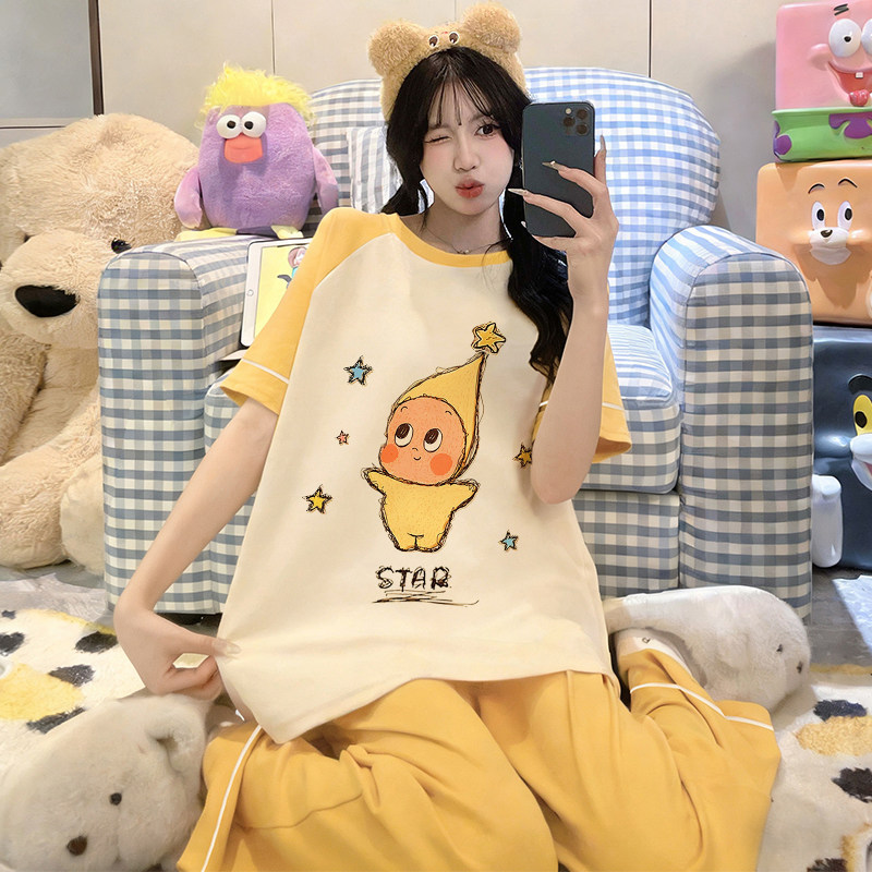 纯棉女款睡衣春夏短袖长裤套装可爱星星人家居服2026新款女生衣服