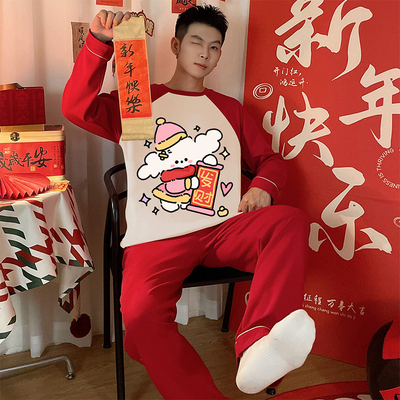 红色睡衣男生纯棉长袖春秋套装
