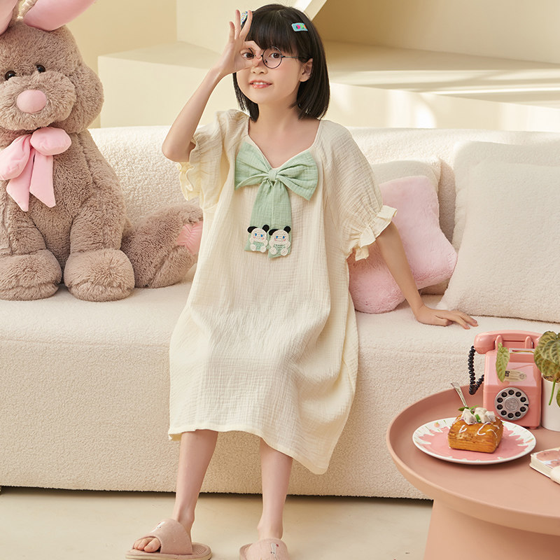 纱布女童睡裙夏短袖薄款儿童睡衣小女孩公主宝宝裙子中大童家居服