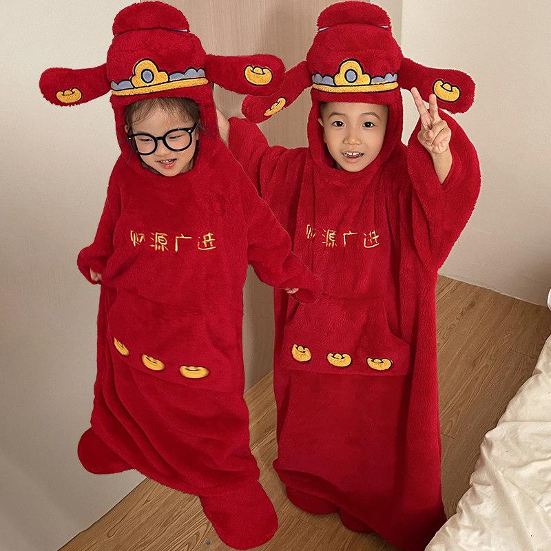 男童珊瑚绒睡衣女童冬季加绒加厚睡袋连体衣2026马年本命年家居服