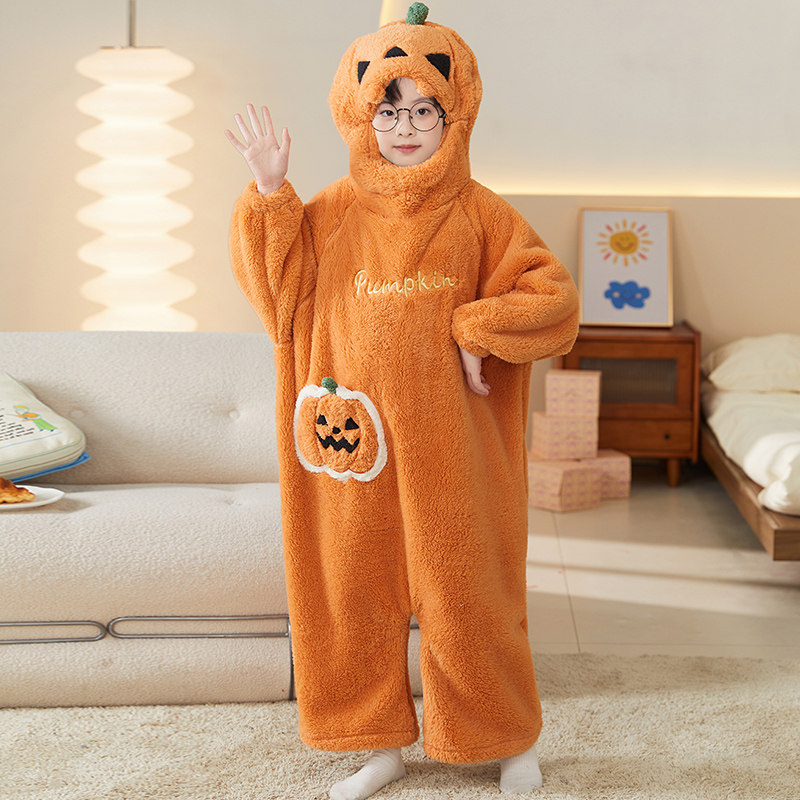 男童睡衣儿童冬季珊瑚绒睡袋中大童连体衣男孩2025新款万圣节服装
