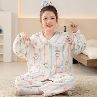 女童睡衣秋冬季法兰绒加厚儿童珊瑚绒家居服女孩chiikawa小八套装