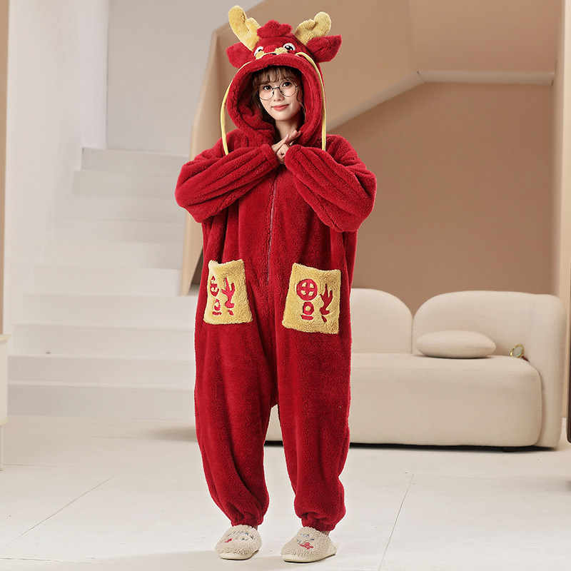 冬季连体睡衣女款珊瑚绒本命年红色家居服法兰绒女士秋冬加厚睡袋
