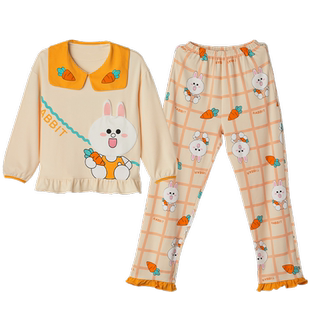 母女亲子装长袖长裤秋天睡衣纯棉女孩套装儿童女孩学生圆领秋冬款