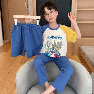 奥特曼三件套装睡衣男童2024新款春夏季纯棉薄款短袖儿童家居服秋