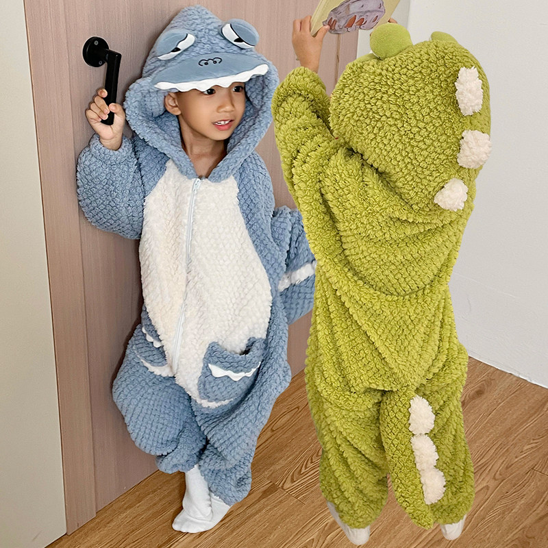 搞怪儿童连体衣中大童恐龙宝宝睡袋家居服珊瑚绒男童女童冬季睡衣