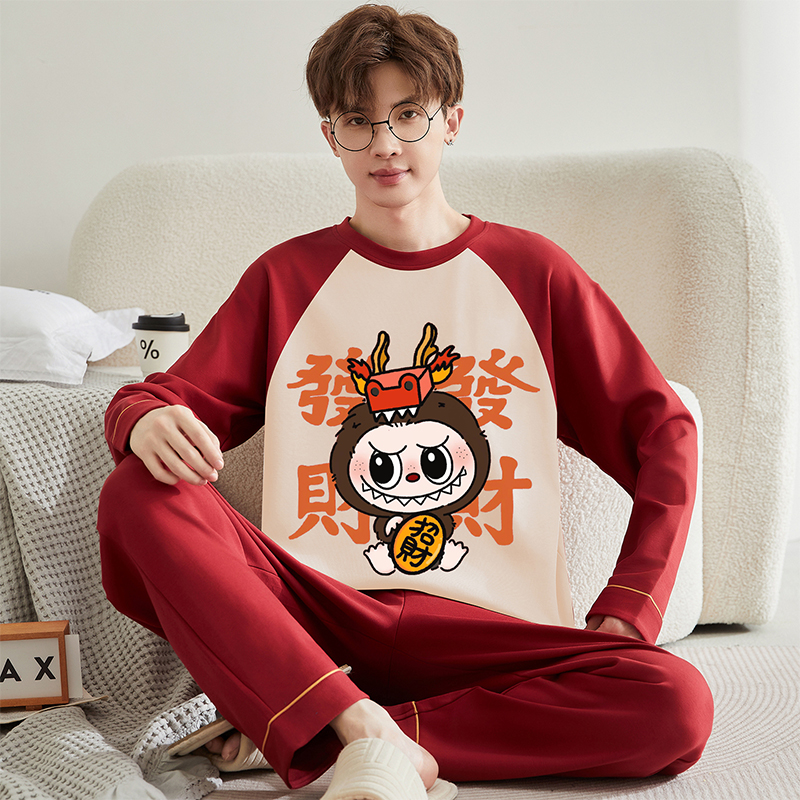 春秋纯棉长袖套装红色男生家居服