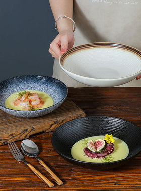 日式餐具盘子菜盘家用大号圆形深口汤碗水果复古创意陶瓷餐盘浅碗