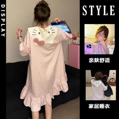 日系睡裙甜美卡通夏季睡衣女带胸垫棉绸长版KT猫宽松可出门家居服