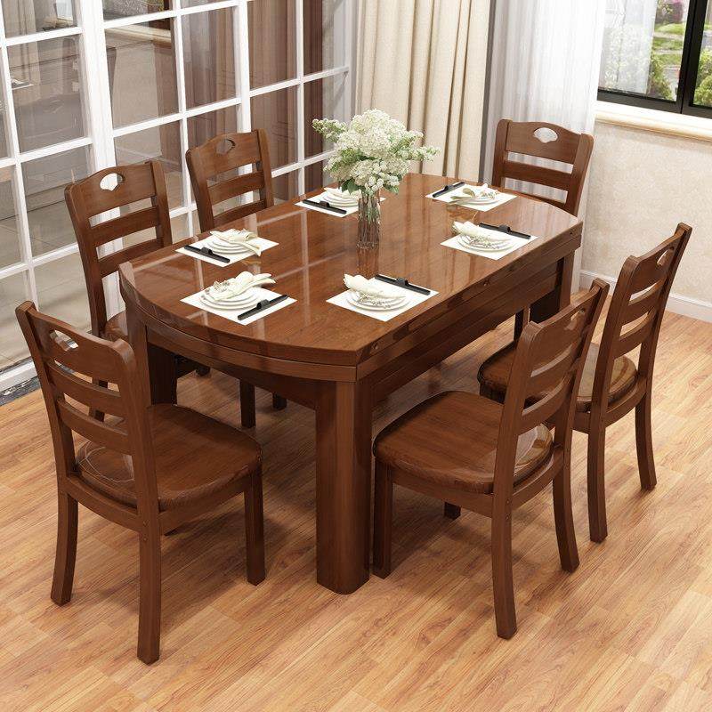 全实木餐桌椅组合可伸缩折叠大圆桌可变圆餐桌小户型家用吃饭桌子