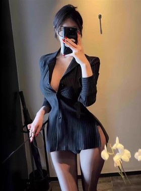 御姐黑色条纹长袖衬衫女性感夏薄款西装外套收腰修身上衣ol上班服