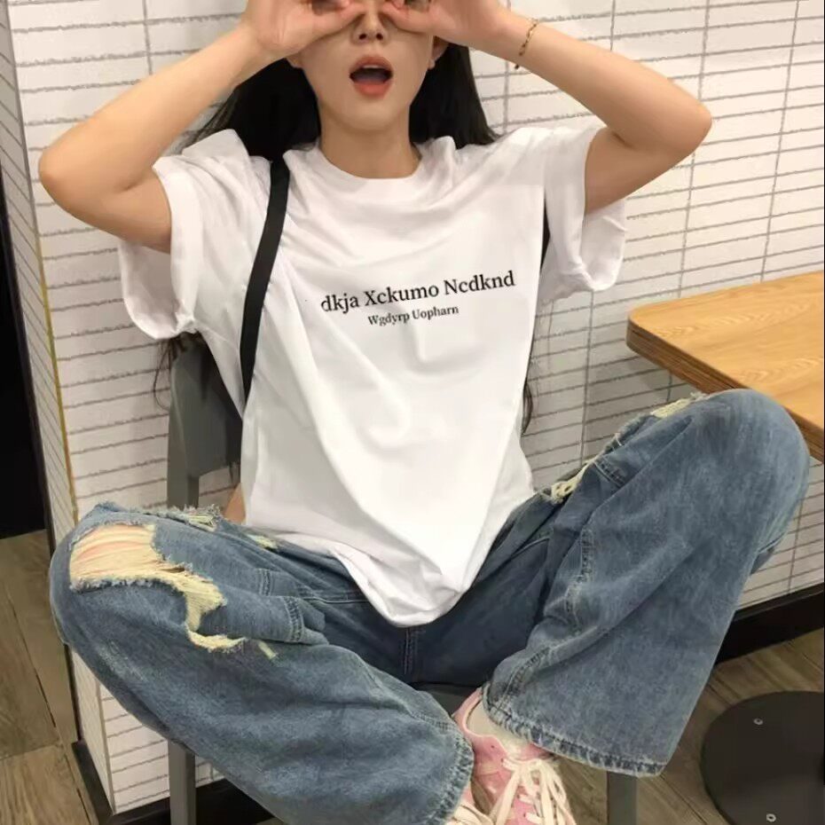 白色美式潮牌纯棉字母短袖T恤