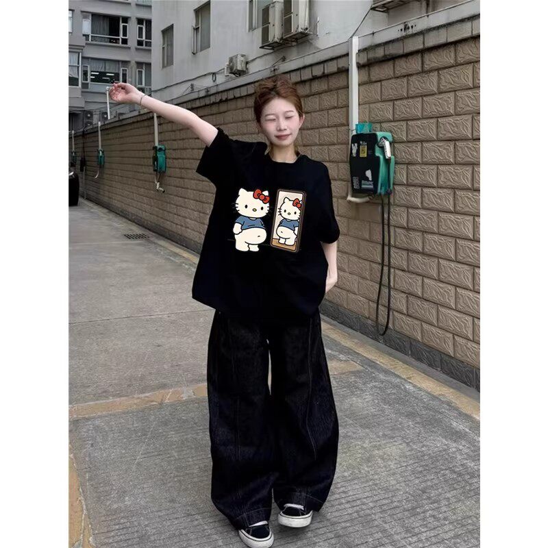 美式潮牌黑色短袖t恤女夏2026新款爆款可爱卡通kitty猫巨好看上衣