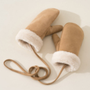 大码 防风保暖大手挂脖绳 手闷子手套女加绒加厚麂皮绒连指手套冬季