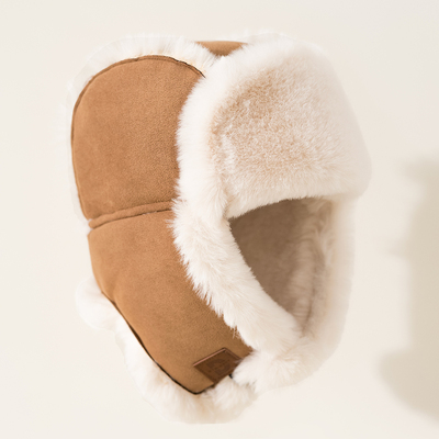 仿皮毛一体麂皮绒布雷锋帽女加绒