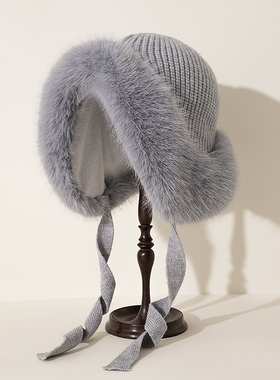 毛边加绒针织护耳帽女洋气秋冬天防寒保暖加厚雷锋帽毛线帽套头帽