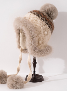 复古针织护耳帽女冬季保暖雷锋帽可爱毛绒毛球东北旅游秘鲁帽2025