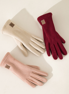 弹性加大女士手套秋冬保暖红色分指手套大码五指手套摇粒绒可触屏