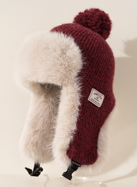 纯色针织雷锋帽女加绒加厚冬季保暖防寒护耳帽毛绒东北骑车毛线帽