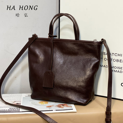 哈弘新款头层牛皮大容量菜篮子手提包复古简约大气真皮手提斜挎包