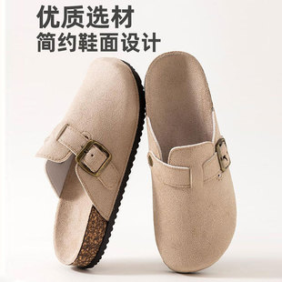 女士2025冬季 搭扣半拖鞋 新款 外穿时尚 加绒软底保暖拖鞋 包头勃肯鞋