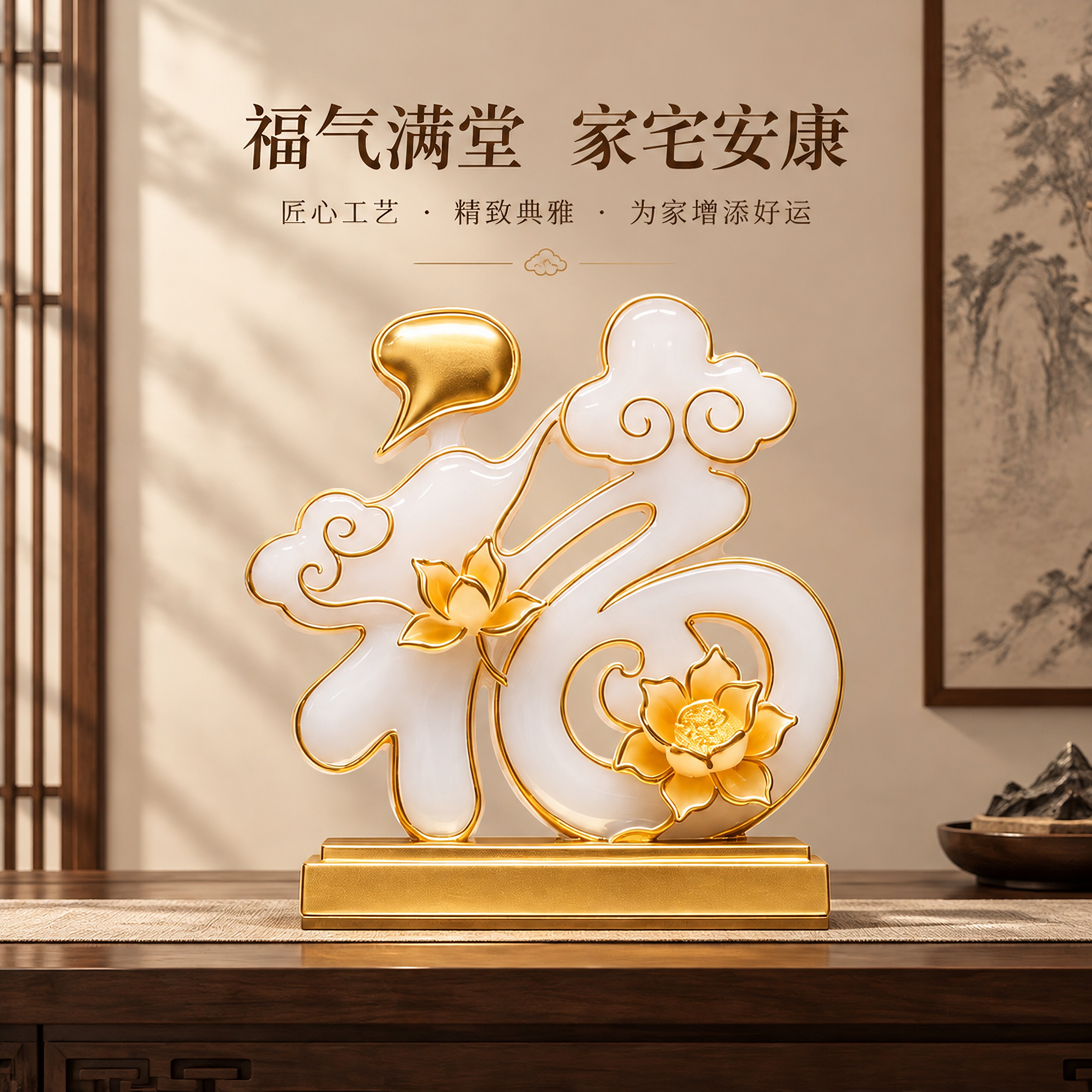 新中式仿玉福字摆件家居客厅玄关电视柜酒柜办公室装饰品乔迁礼物