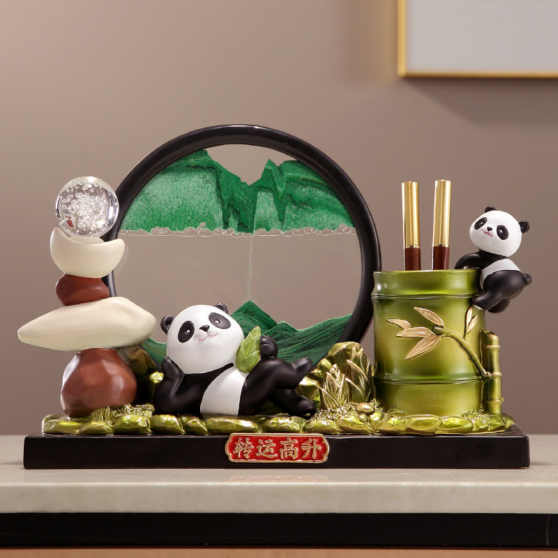 书桌高级感创意熊猫笔筒摆件流沙画办公室书房装饰品教师毕业礼物