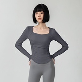 新款 美背显瘦健身上衣褶皱收腰弹力运动服含胸垫普拉提 瑜伽服长袖
