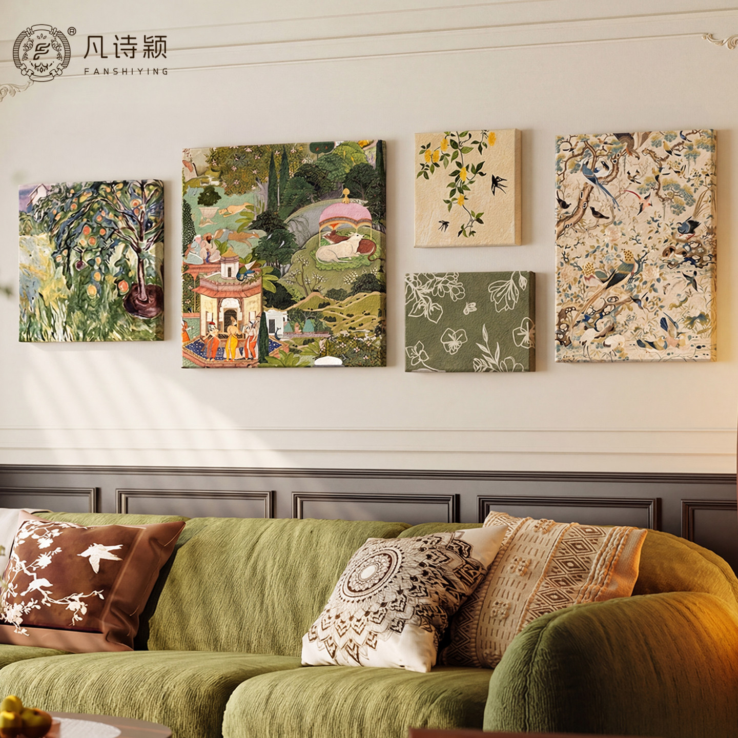 中古风客厅装饰画花园法式复古沙发后面背景墙挂画艺术油画组合画