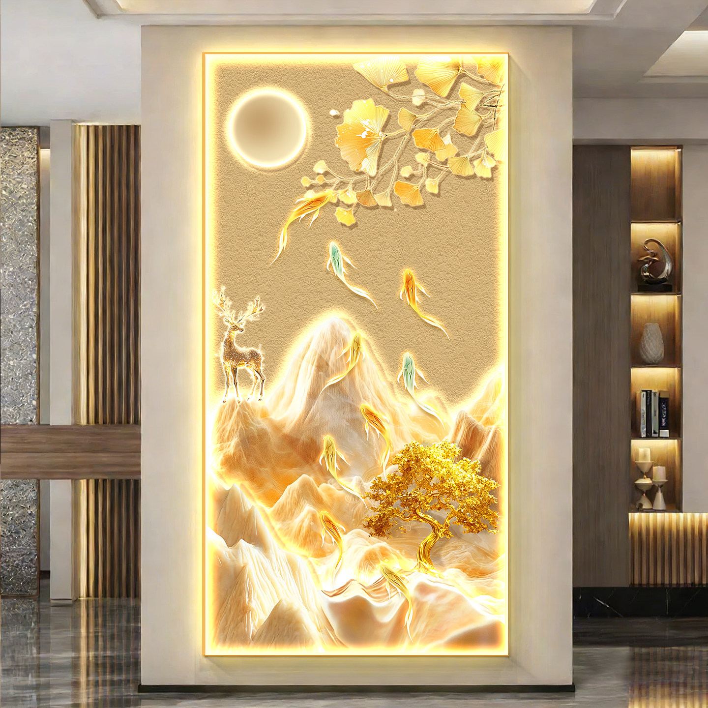 轻奢九鱼图入户玄关装饰画柿柿如意走廊过道挂画带灯正对门墙壁画图片