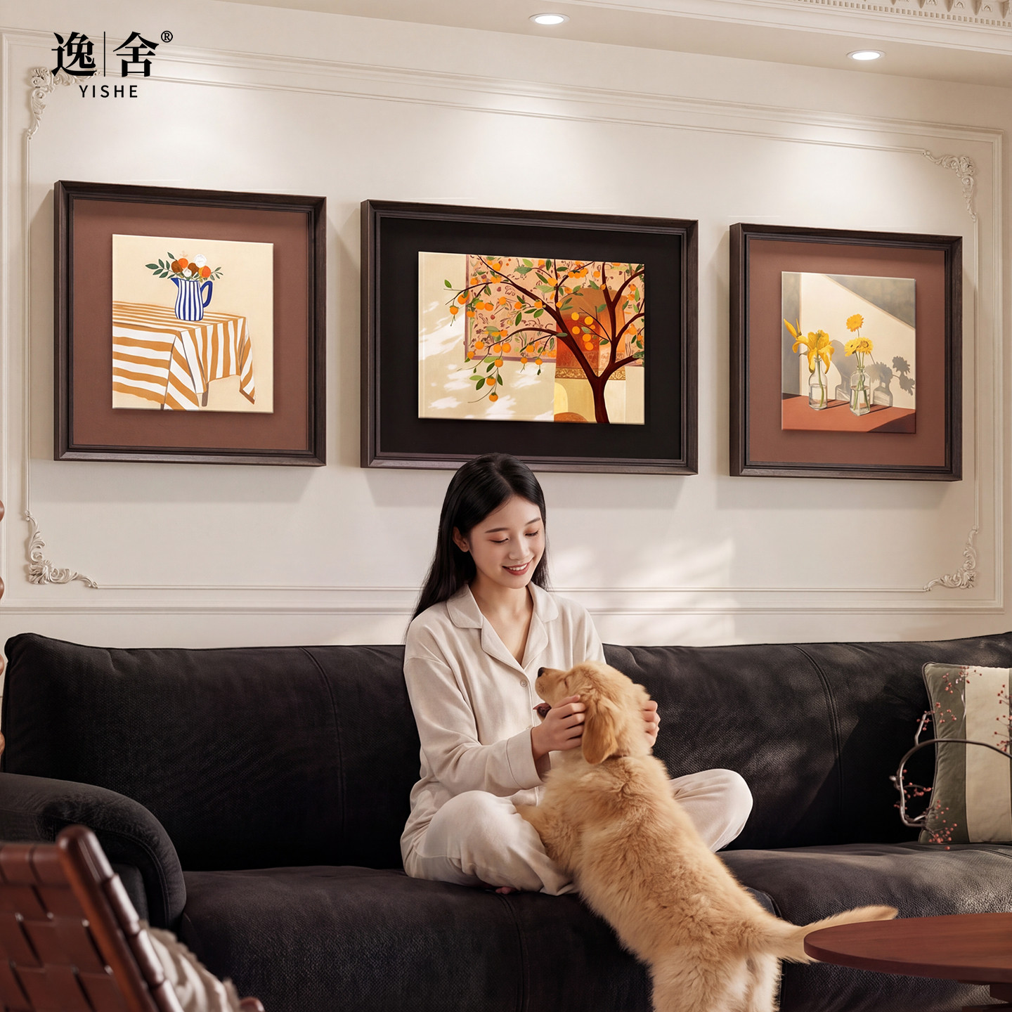 柿柿如意客厅装饰画中古风小众艺术沙发后背景墙挂画新款实木壁画