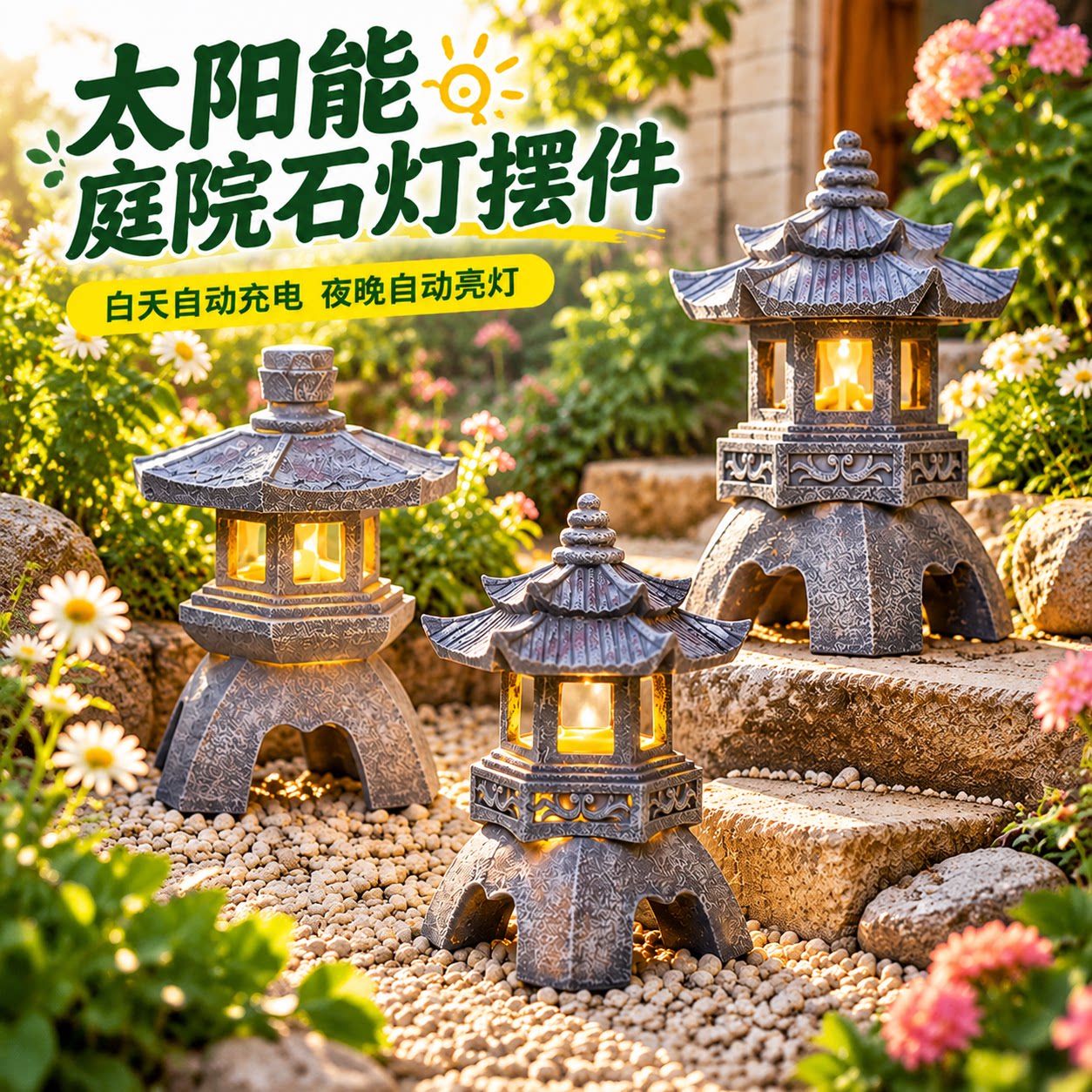 中式太阳能仿真石头灯装饰