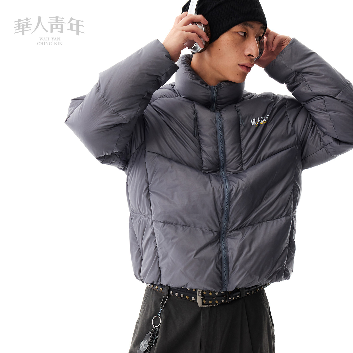 华人青年冬季新款印花立领鸭绒羽绒服男女户外保暖休闲外套上衣