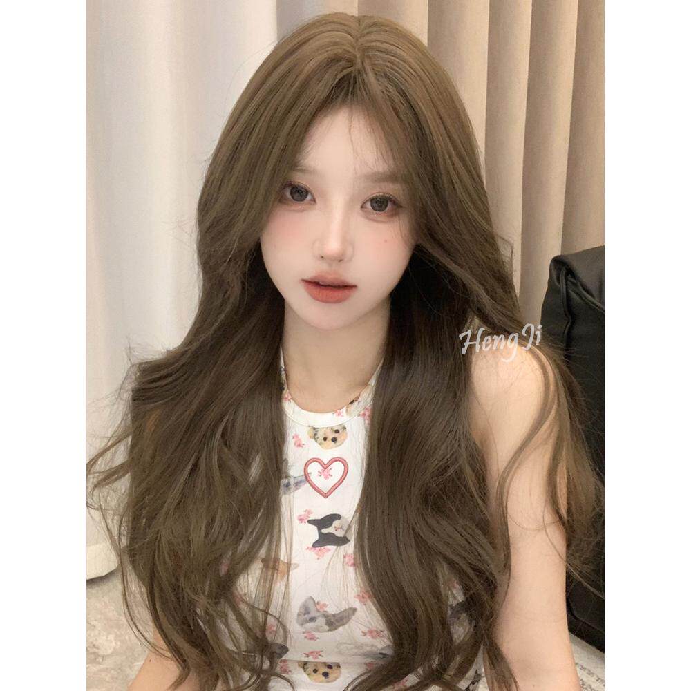 哼唧主播中分假发女长发自然全头套式彷真发榛果灰棕大波浪卷发套