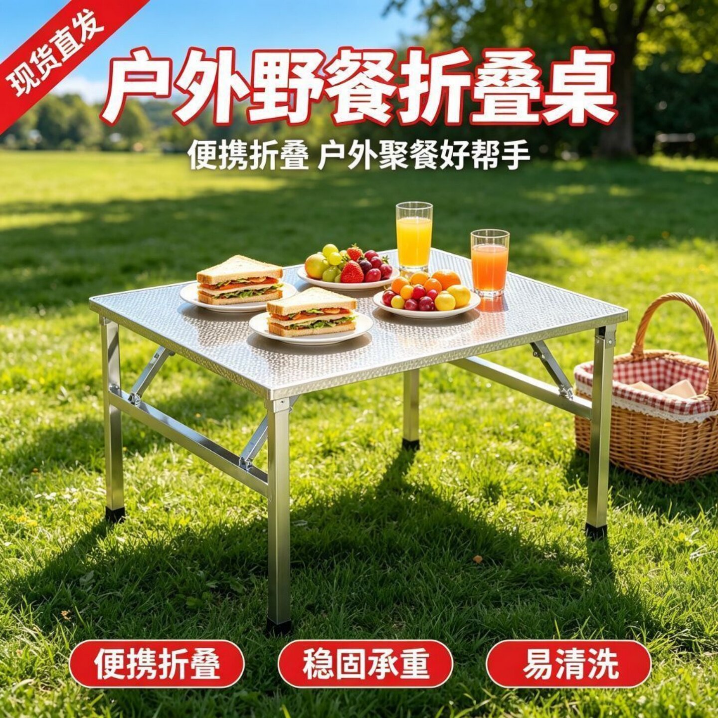加厚不锈钢折叠桌四方桌户外桌烧烤外摆吃饭桌聚餐桌出租房写字桌