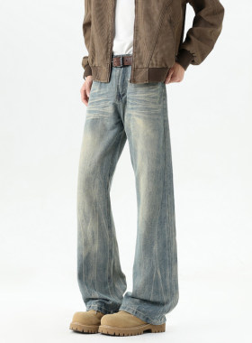 YUXIAN余闲0123start马切达工作室nans男装闪电纹做旧直筒牛仔裤