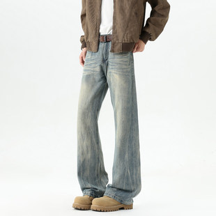 YUXIAN余闲0123start马切达工作室nans男装闪电纹做旧直筒牛仔裤