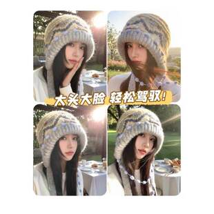 。冬天帽子女款2026新款保暖耳朵拼接毛线帽超好看冬帽辫子拼色可