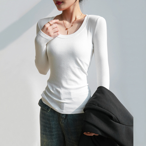 莫代尔打底衫女秋冬2023新款内搭修身圆领长袖白色t恤显瘦上衣u领