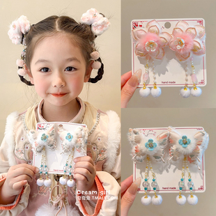 女宝宝新中式蝴蝶绒球流苏对夹女童江南古风发夹头饰儿童汉服发饰