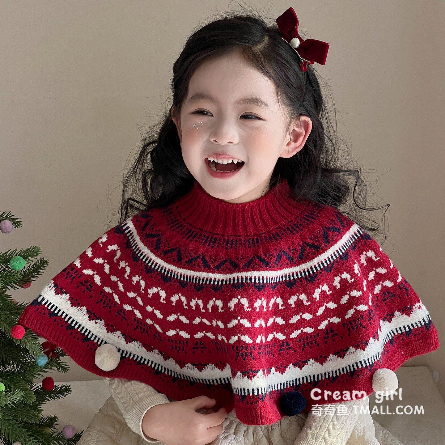 过年儿童针织毛线披风围巾女童秋冬季加厚保暖斗篷新年小女孩披肩