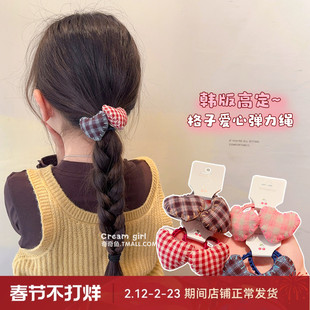 儿童格纹甜美发圈爱心充棉立体发绳女童宝宝双马尾丸子头发饰韩系