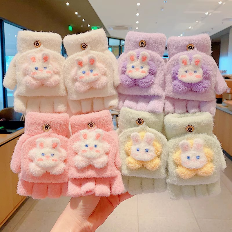 加厚保暖儿童卡通半指手套小女孩学生秋冬新款可爱加绒翻盖五指套