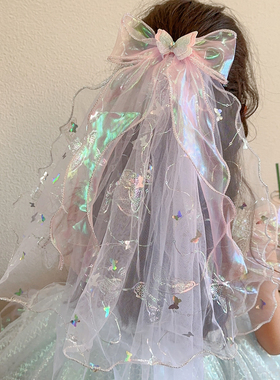 儿童公主裙头纱女童超仙蝴蝶结发卡宝宝生日皇冠发夹婚纱花童头饰