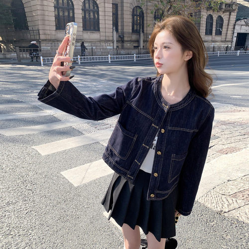 搭配风圆领牛仔外套女短款宽松韩系百搭夹克小个子秋季外套中老年