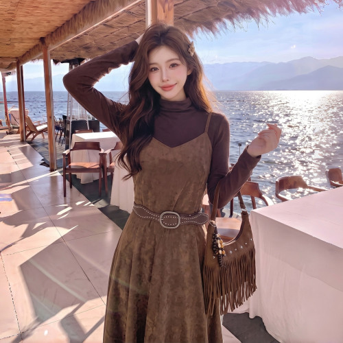 年轻氛围感麂皮绒两件套女2026秋季流行打底衫连衣裙套装小个子今