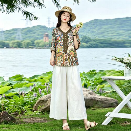 夏季度假风印花上衣阔腿裤套装