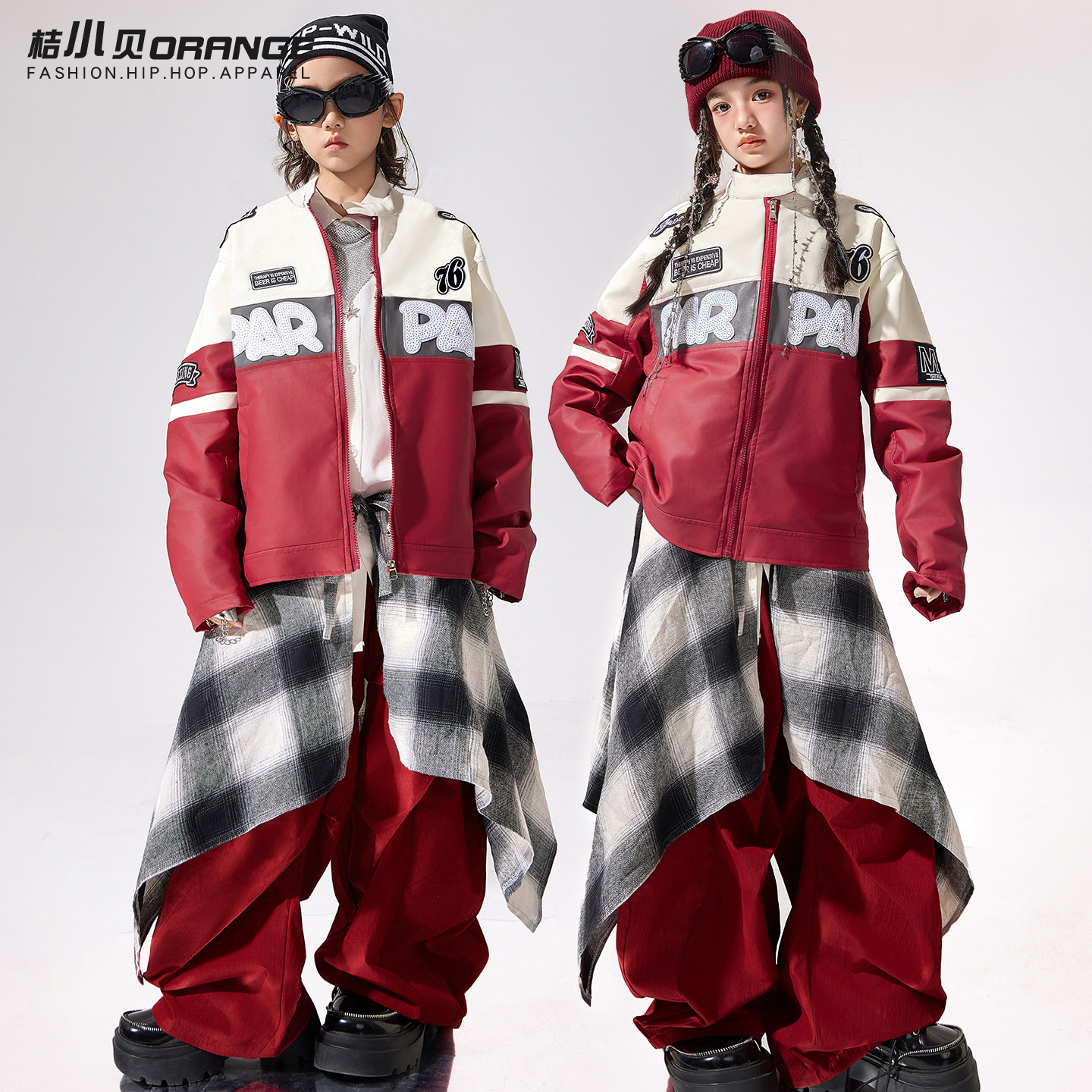 街舞儿童潮服男童元旦演出服酷帅红色机车服套装hiphop女童架子鼓